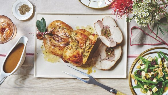 Coles has introduced a turducken roast for the first time as part of its 2021 Christmas range. Chicken stuffed with duck, turkey and Davidson plum, pistachio and five spice stuffing.
Good Food editorial use only.
For Good Food, 9 December, 2021