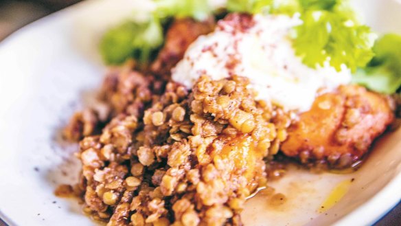 Red lentil and sweet potato braise.