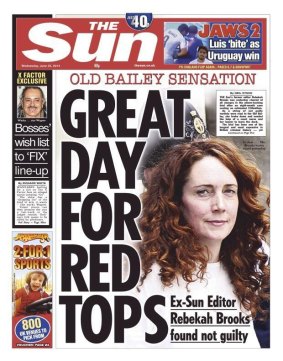 Front page of Murdoch's <i>Sun</i> tabloid  after the newspaper's former editor, Rebekah Brooks, was cleared of all phone hacking charges.