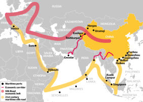 Reviving the old Silk Road. A map showing China's One Belt, One Road strategy.