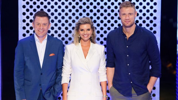 Australian Ninja Warrior presenters Ben Fordham, Rebecca Maddern and Freddie Flintoff