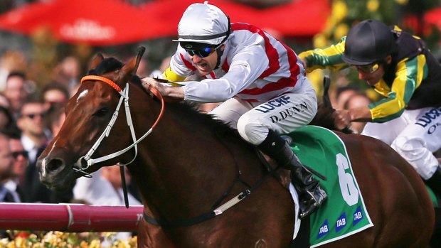 England-bound?: Deep Field wins at Flemington on Derby day.