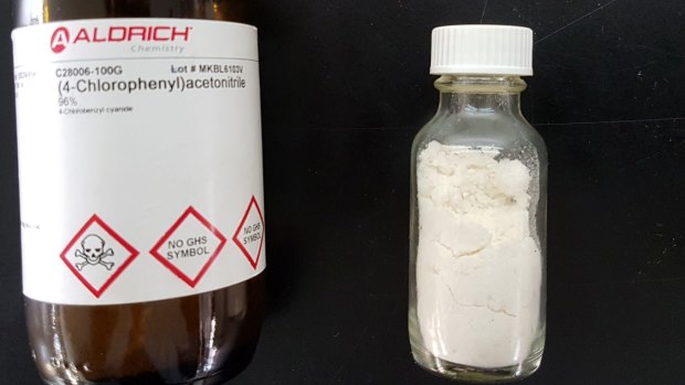 The raw material 2,4-chlorophenyl acetonitrile (left) can be synthesised into pyrimethamine (Daraprim). The sample on the right was made by Sydney Grammar students and is the equivalent of $150,000 worth at US prices.