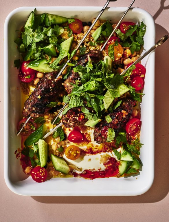 Lamb kofta skewers with a sturdy freekeh salad.