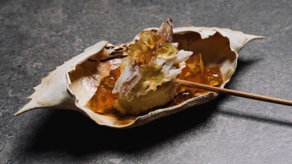 Lotus root tempura with blue swimmer crab and tosazu jelly at Haco.