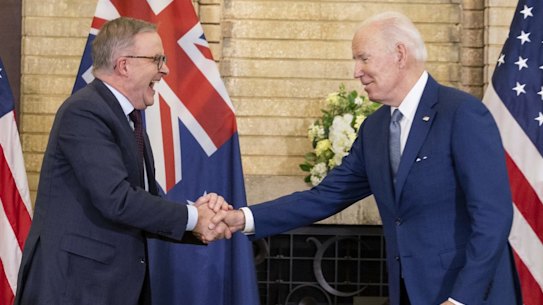 Prime Minister Anthony Albanese and President of the United States Joe Biden at a bilateral meeting during the Quad leaders' summit in Tokyo, Japan, on Tuesday 24 May 2022. fedpol ausvotes22 Photo: Alex Ellinghausen