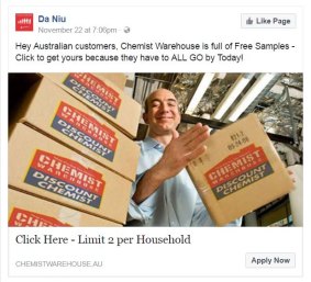 Facebook post that appears to come from Chemist Warehouse, but leads consumers into a scam. 