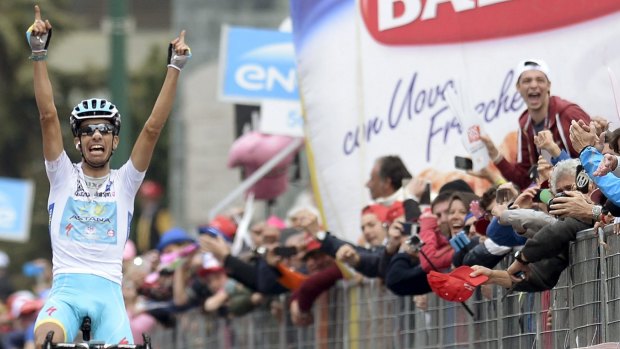 Fabio Aru celebrates winning his second Giro stage in front of home fans