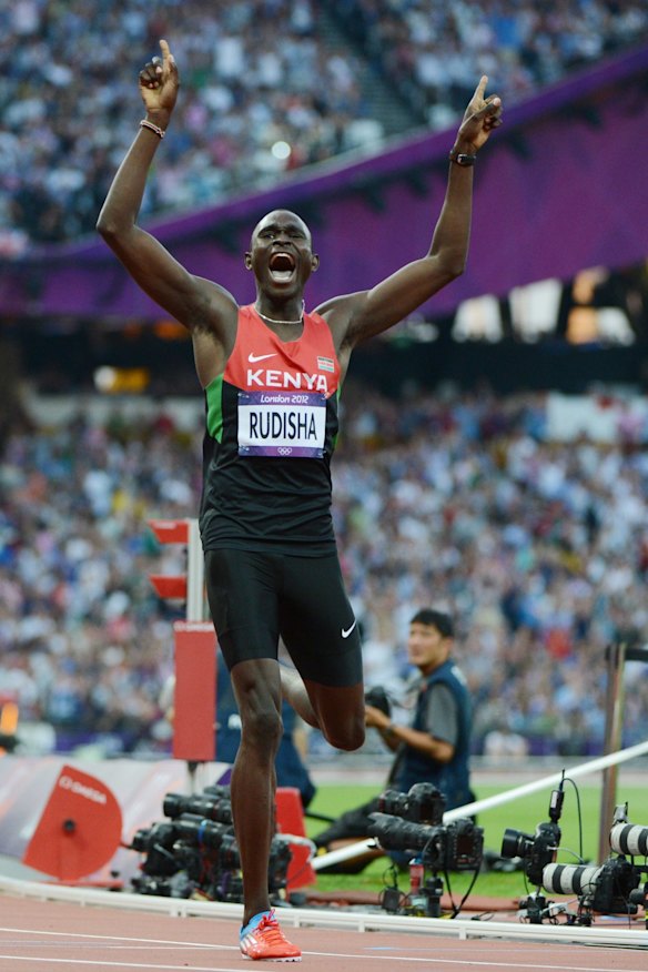Kenya's gold medallist David Rudisha celebrates after winning the men's 800m final during the London 2012 Olympic Games.
