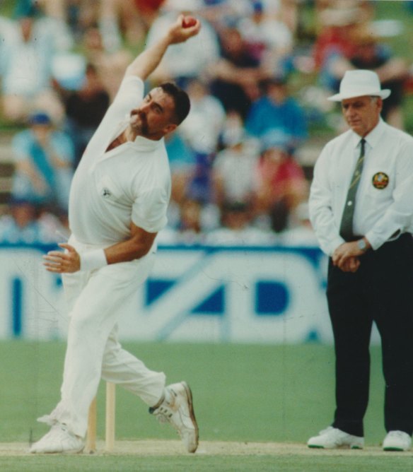 Merv Hughes bowling against the West Indies at Adelaide in January, 1993. 