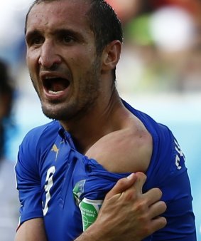 An angry Giorgio Chiellini after Suarez bit him during their World Cup clash.