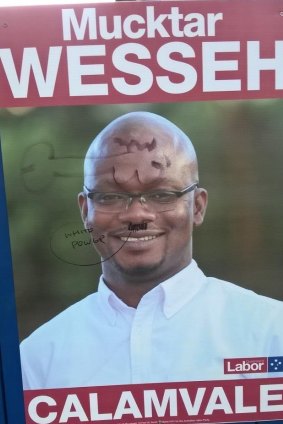 One of Mucktar Wesseh's vandalised election corflutes.