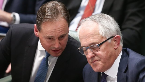 Environment Minister Greg Hunt, left, confers with Prime Minister Malcolm Turnbull.