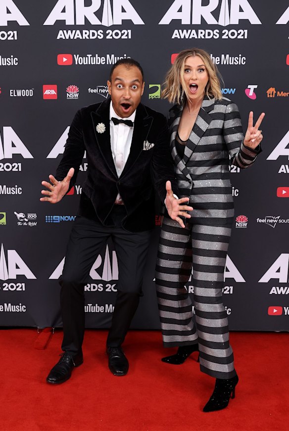 Matt Okine and KLP attend the 2021 ARIA Awards.