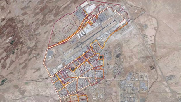 A portion of the Strava Labs heat map from Kandahar Airfield in Afghanistan, made by tracking activities.  