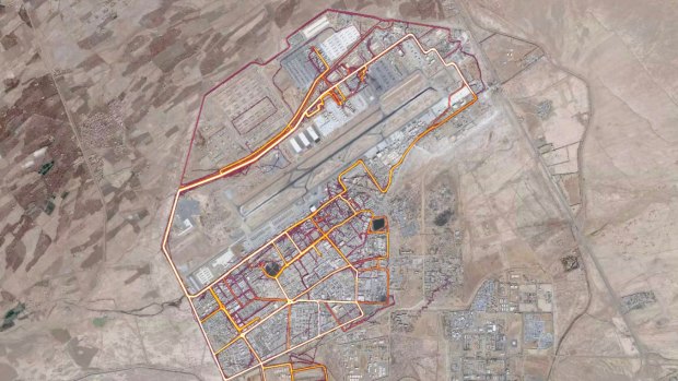 A portion of the Strava Labs heat map from Kandahar Airfield in Afghanistan, made by tracking activities.  