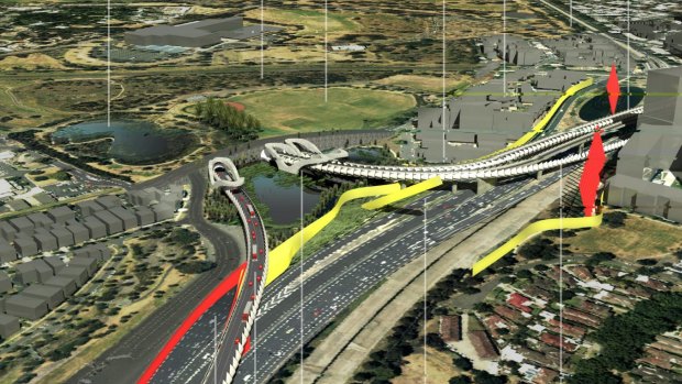 An artist's impression of the East West Link flyover to Tullamarine Freeway (North Bound). Image supplied