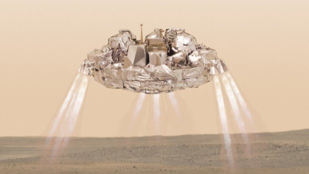 This artist's impression shows the Schiaparelli module with thrusters firing. 