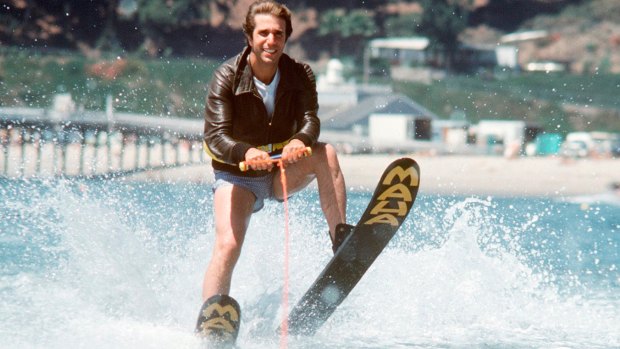 Fonzie (Henry Winkler) in the famous shark-jumping scene from <i>Happy Days</i>.