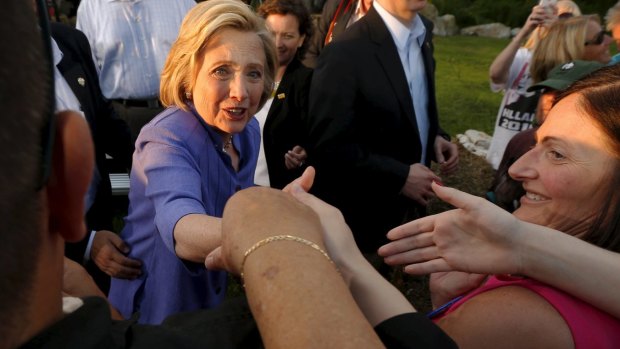Democratic presidential candidate Hillary Clinton greets supporters at a campaign stop in Manchester, New Hampshire.