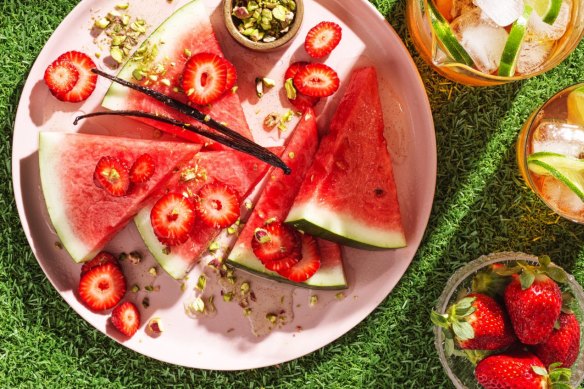 Watermelon and strawberry salad, pictured with my iced tea.