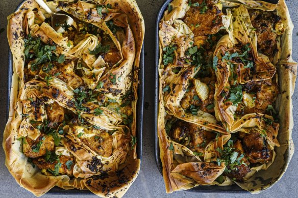 Pumpkin, chickpea and chermoula pies with optimum crisp filo coverage.