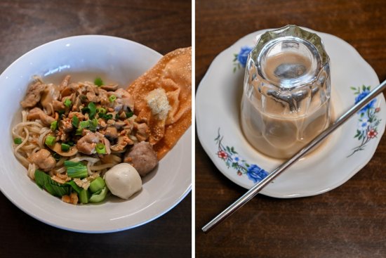 Shoestring noodles with chicken and mushroom; Kupi Khop (upside-down coffee) at PBK Noodles in Clayton.