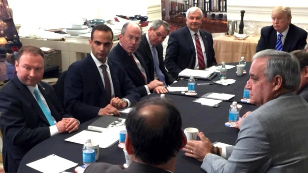 George Papadopoulos (second from left) at a national security meeting of the Trump campaign in March 2016.