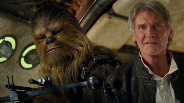 Peter Mayhew as Chewbacca and Harrison Ford as Han Solo in a clip from the teaser trailer.
