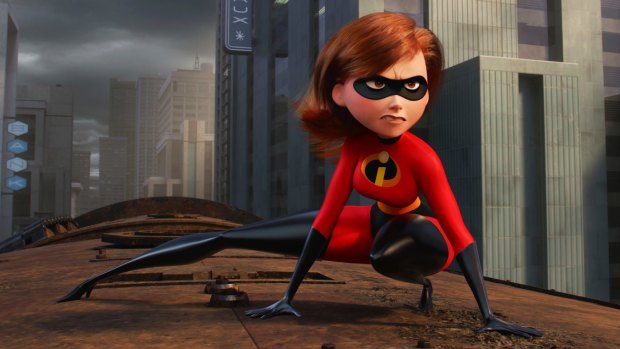 Elastigirl (voiced by Holly Hunter) finds the job and domestic life a stretch in <i>Incredibles 2</i>.