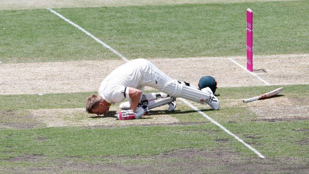 Dave Warner kisses the SCG turf in tribute to the late Phillip Hughes after reaching 63 runs.