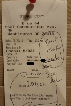 The receipt shows the generous tip left by a customer. 