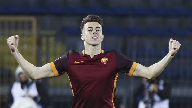 Roma's Stephan El Shaarawy celebrates after scoring during a Serie A soccer match between Roma and Empoli, in Empoli, Italy, Saturday, Feb. 27, 2016. (Fabio Muzzi/ANSA via AP)