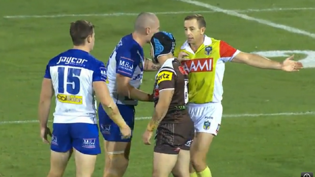 No-go zone: David Klemmer makes contact with referee Ben Cummins.