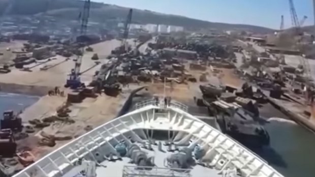 A video shot from the bridge of the MS Monarch shows the ship being beached ahead of its scrapping.