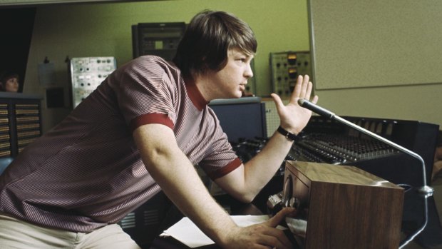 Brian Wilson directs from the control room, while recording the album Pet Sounds in 1966 in Los Angeles.