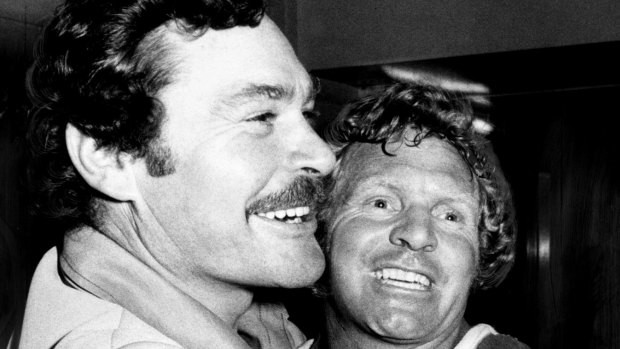 North Melbourne coach Ron Barassi and star Barry Cable after the win over Richmond in the preliminary final in 1975.