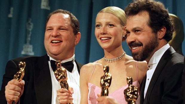 Weinstein with Gwyneth Paltrow and their Oscars for "Shakespeare In Love".
