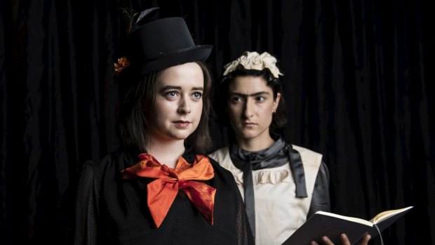 Enya Daly (in orange) plays as Hudley and Diana Popovska plays Marjory in an adaption of The Moors which will be showing at the Seymour Centre in Sydney.