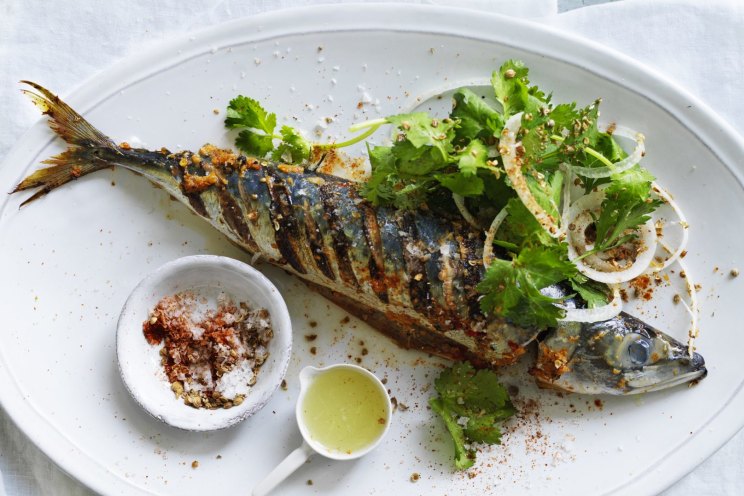 Grilled whole mackerel with ginger masala and onion salad