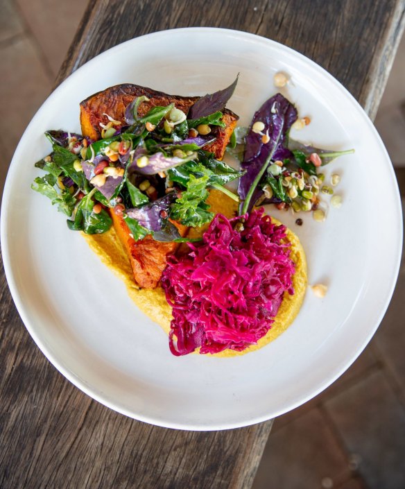 Roasted pumpkin, turmeric cashew cream, sauerkraut, and farm greens at The Farm Byron Bay.