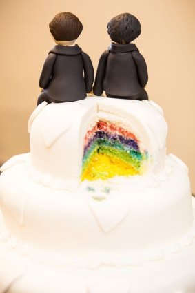 The rainbow cake made by Erindale Bakery and the two-groom cake topper created by Nada's cakes.