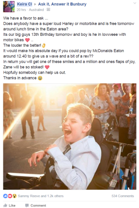 Zane's mum's request on Facebook the day before his birthday. 