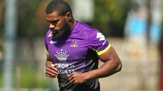 Marika Koroibete of the Storm runs as he performs a fitness test during a Melbourne Storm training session this week.