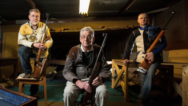 Hawthorn Rifle Club members Kevin Saunders (left), president Alby Jackson (right)and Martin Stockdale before a 'Christmas Shoot' to mark the closing of their club.