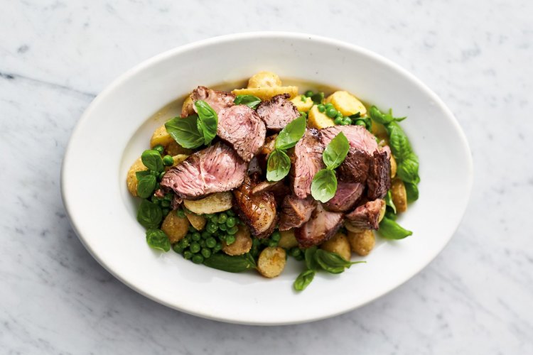 Jamie Oliver's pan-seared lamb with basil, new potatoes and pesto.