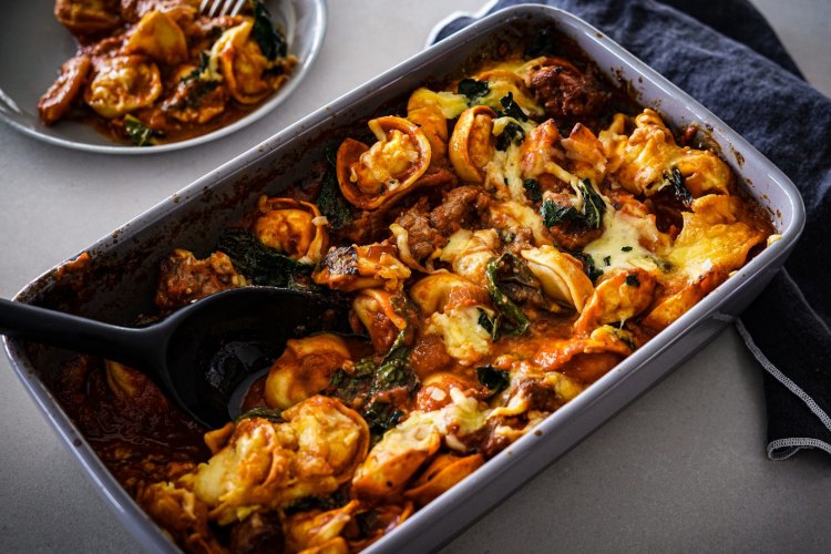 Sausage, kale and tortellini pasta bake. 