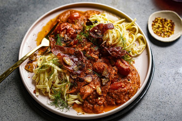 Katrina Meynink's roasted fennel, tuna and chilli pasta with crispy prosciutto.  