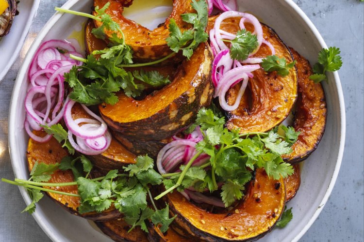 Alison Roman's spicy roasted pumpkin with pickled onion.
