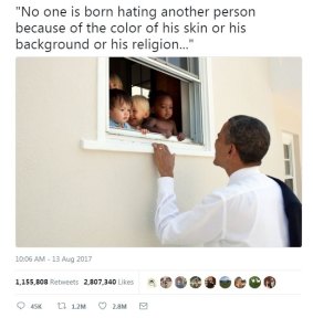 Barack Obama's tweet invoking Nelson Mandela in the aftermath of the Charlottesville neo-Nazi, alt-right violence and Donald Trump's failure to condemn the perpetrators.
